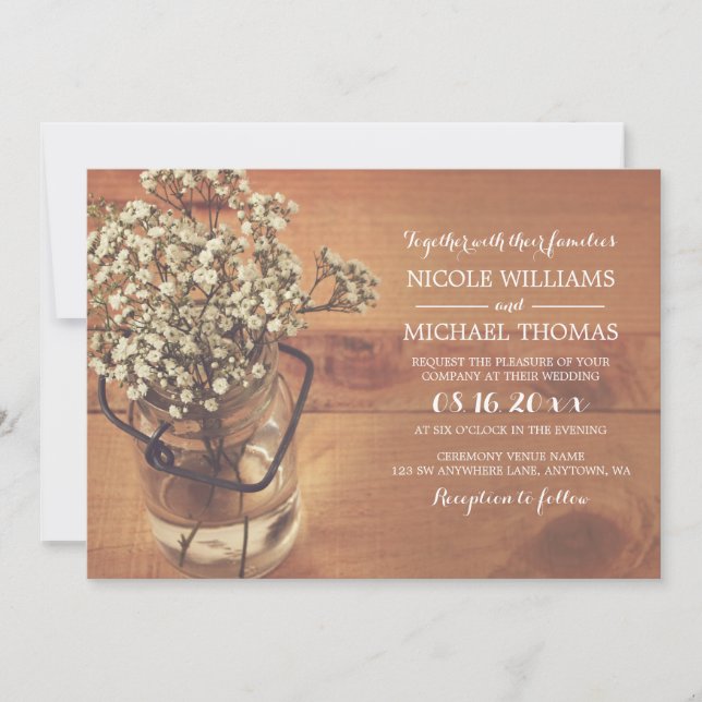 Invitation Rustic Baby's Breath Mason Jar Mariage en bois (Devant)
