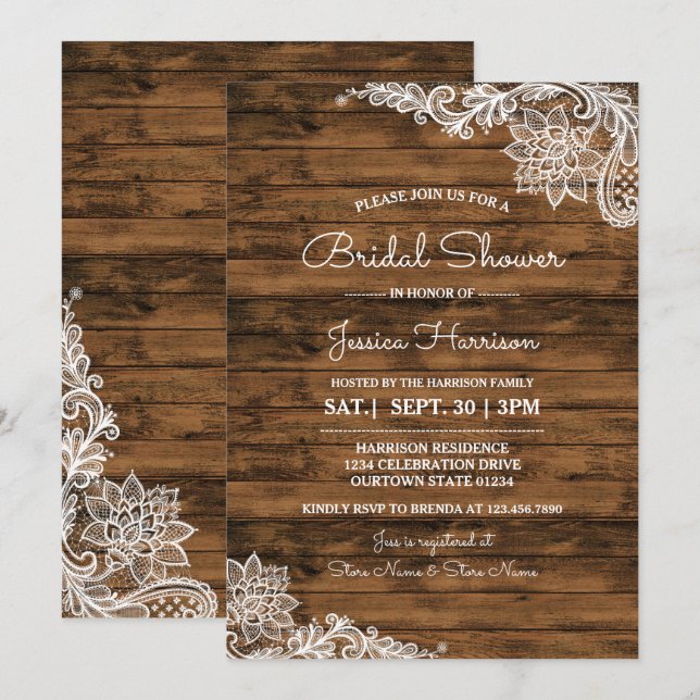 Invitation Rustic Barn Wood et dentelle de douche  (Devant / Derrière)