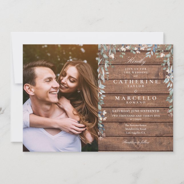 Invitation Rustic Barn Wood Floral Fleur sauvage Photo Mariag (Devant)