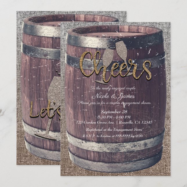 Invitation Rustic Barrel & Burlap Salue Pub Engagement Party (Devant / Derrière)