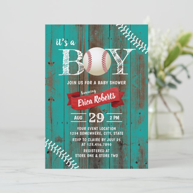 Invitation Rustic Baseball Sports Turquoise Wood Boy Baby sho (Debout devant)