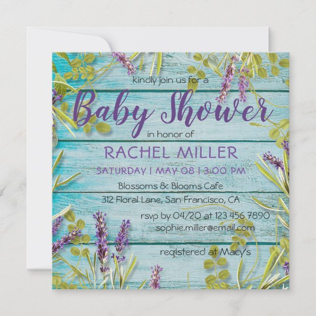 Invitation Rustic Beach Chic Lavender Baby shower (Devant)