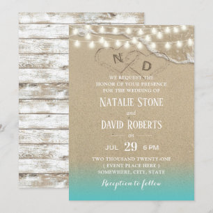 Invitation Rustic Beach Heart String Lights Mariage d'été