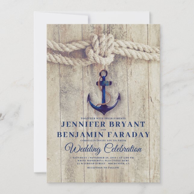 Invitation Rustic Beach - Nautical Navy Ancre Mariage (Devant)