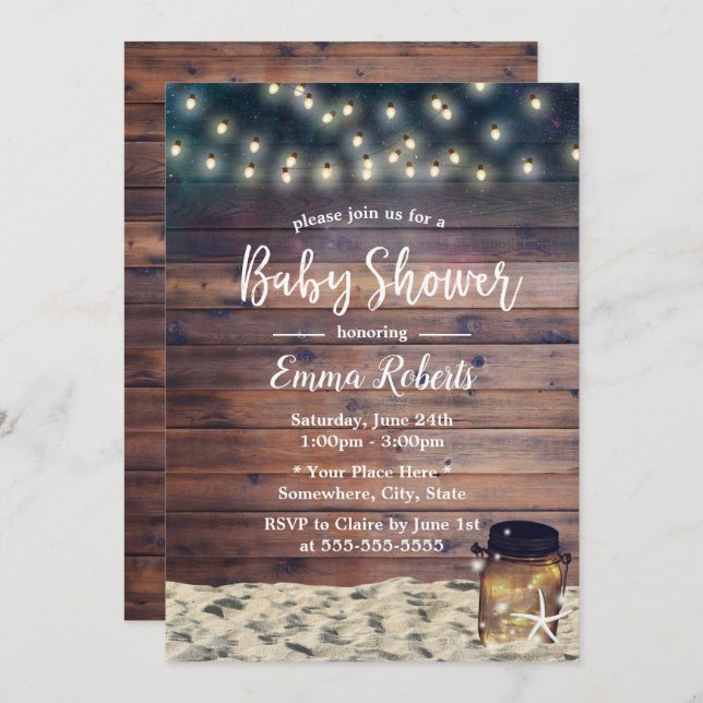 Invitation Rustic Beach Starfish Mason Jar Baby shower (Devant / Derrière)