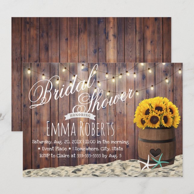 Invitation Rustic Beach Starfish & Sunflower Fête des mariées (Devant / Derrière)