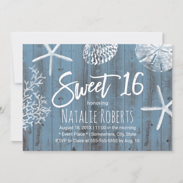 Invitation Rustic Beach Sweet 16 Starfish Seashell Dusty Blue (Devant)