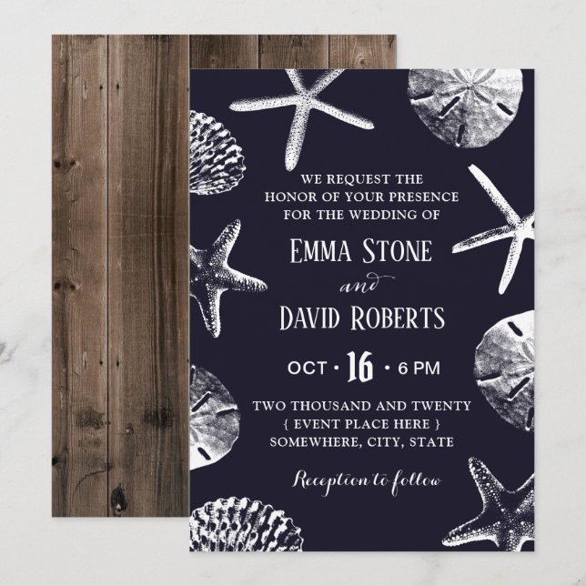Invitation Rustic Beach Wedding Starfish & Seashell Navy Blue (Devant / Derrière)