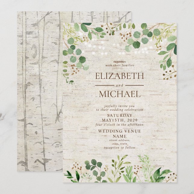 Invitation Rustic Birch Botanical Forest Mariage extérieur (Devant / Derrière)