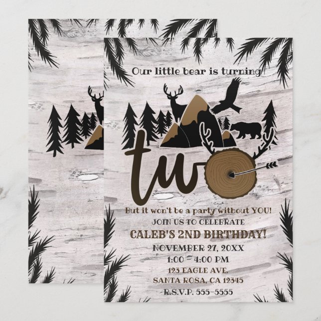 Invitation Rustic Birch Outdoor Wilderness DEUX 2e anniversai (Devant / Derrière)