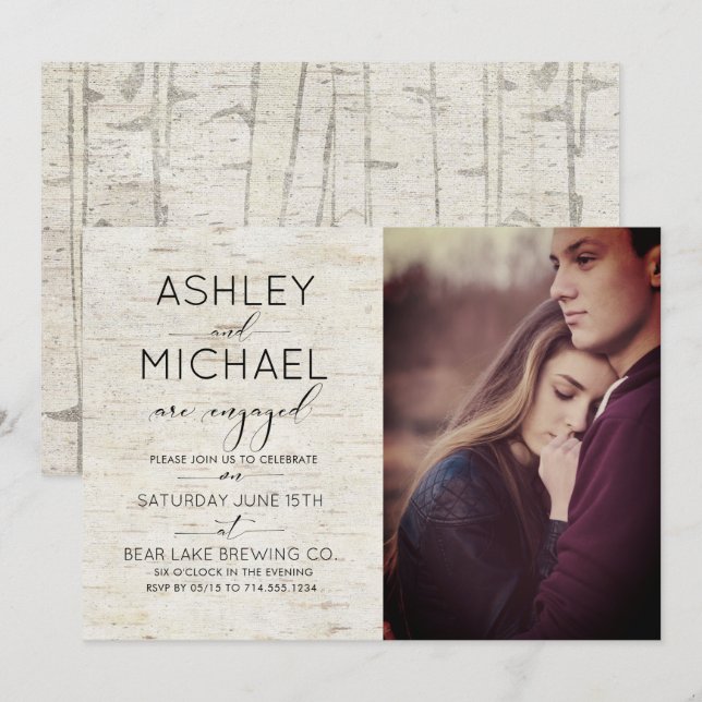 Invitation Rustic Birch Typography Photo Engagement Party (Devant / Derrière)