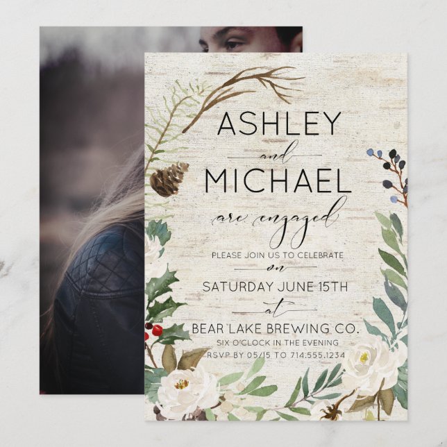 Invitation Rustic Birch Winter Photo Typography Party (Devant / Derrière)