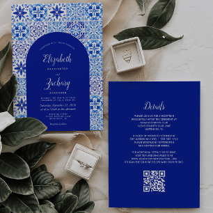 Invitation Rustic Blue Arch Portugais Carreaux QR Code Mariag