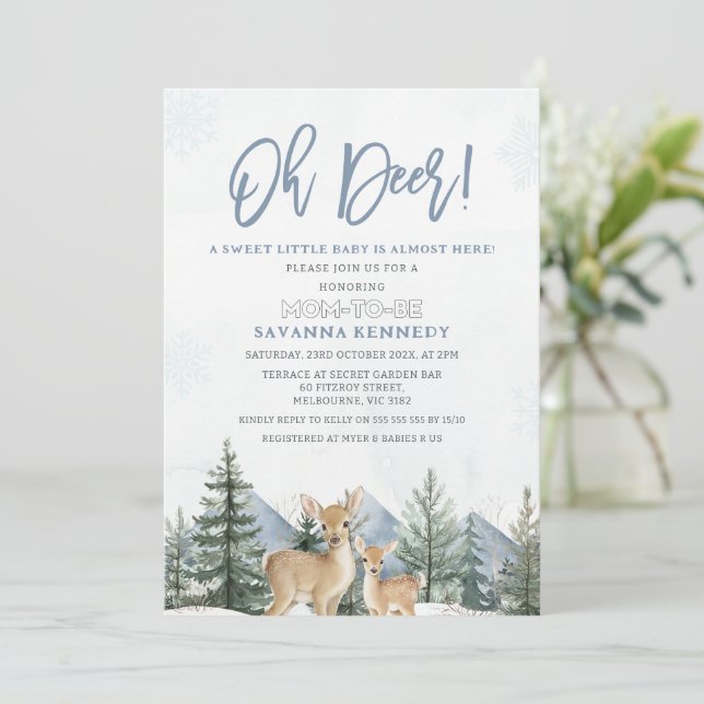 Invitation Rustic Blue Green Winter Oh Deer Baby Shower (Debout devant)