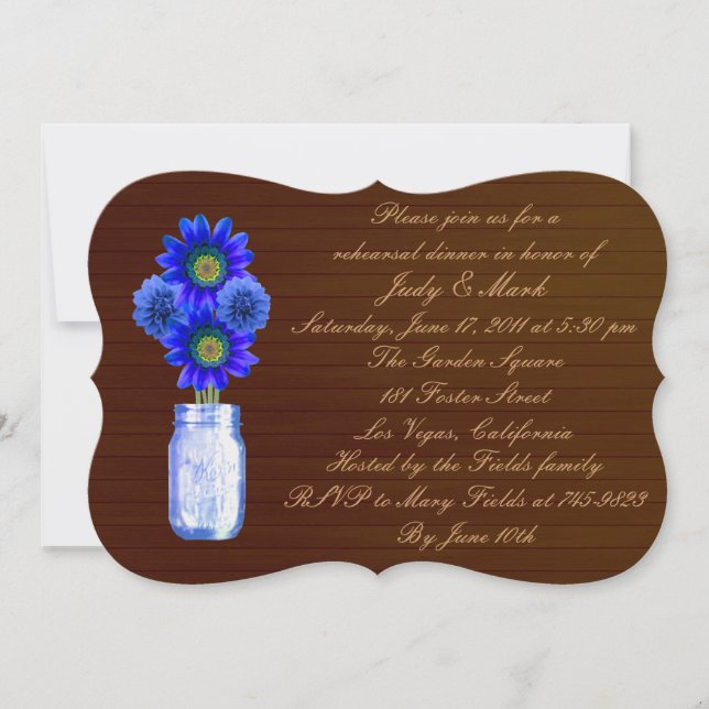 Invitation Rustic Blue Mason Jar Dîner de répétition Invitati (Devant)