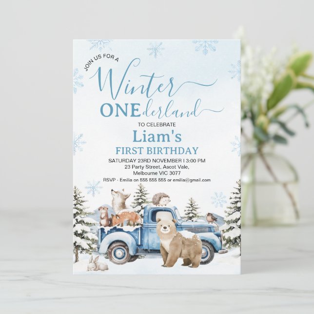 Invitation Rustic Blue Truck Bear Winter Onederland Birthday (Debout devant)