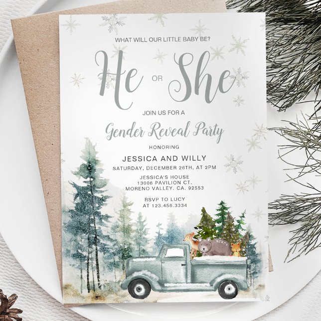 Invitation Rustic Blue Truck Forest Pine Trees Genre Reveille (Créateur téléchargé)