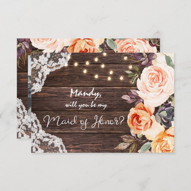 Invitation Rustic Blush Floral Be My Maid of Honor with Photo (Devant / Derrière)