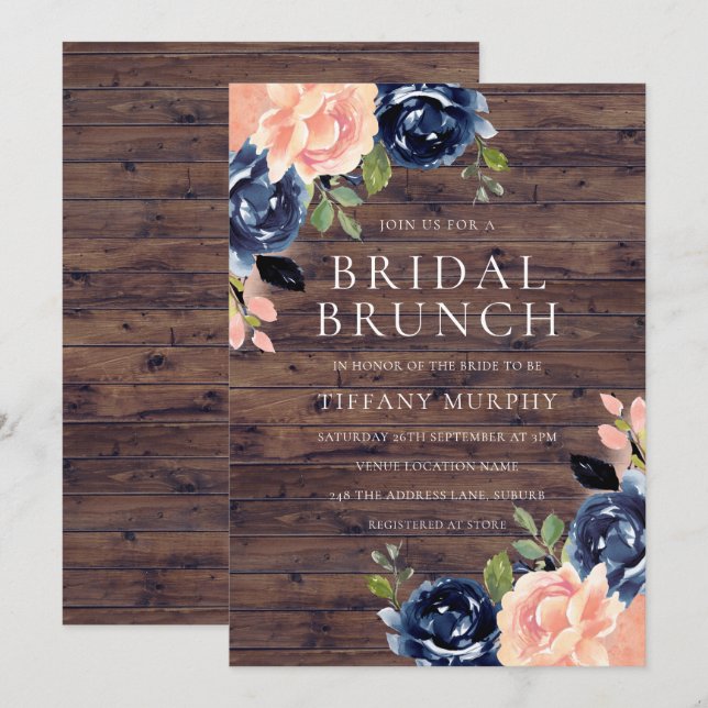 Invitation Rustic Blush Navy Blue Floral Fête des mariées Bru (Devant / Derrière)