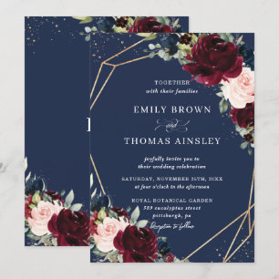 Invitation Rustic Blush Navy Blue Floral Greenery Mariage