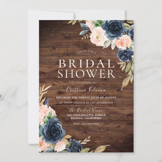 Invitation Rustic Blush & Navy Elegant Fête des mariées moder (Devant)