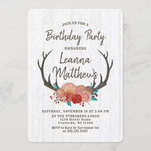Invitation Rustic Boho Deer Antlers Anniversaire Fête Invitat