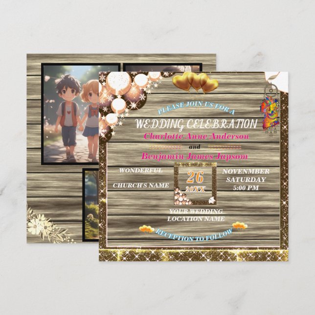 Invitation  Rustic Boho Golden Glitter Wooden Wedding   (Devant / Derrière)