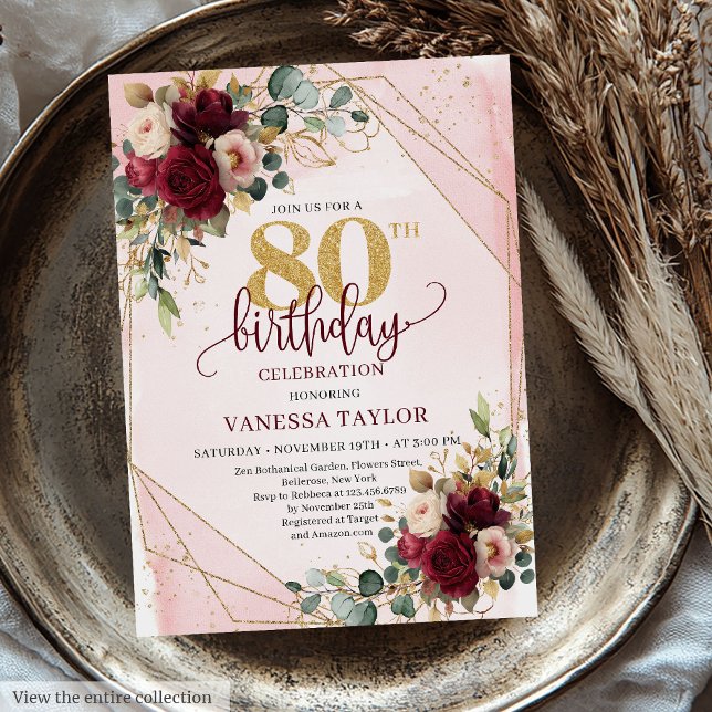 Invitation Rustic Boho Maroon Gold Roses 80e anniversaire Inv (Rustic Boho Maroon Gold Roses 80th Birthday Invitation)