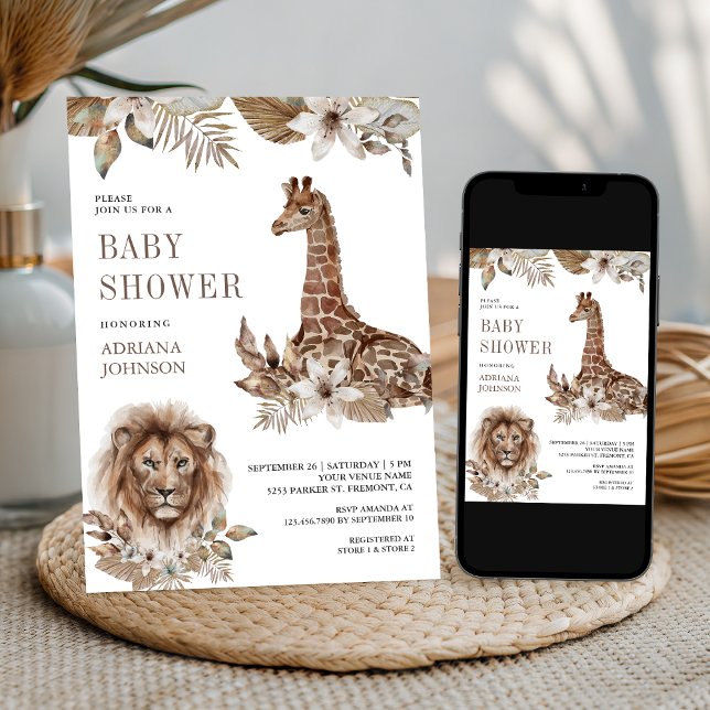 Invitation Rustic Boho Safari Lion and Giraffe Baby Shower (Créateur téléchargé)