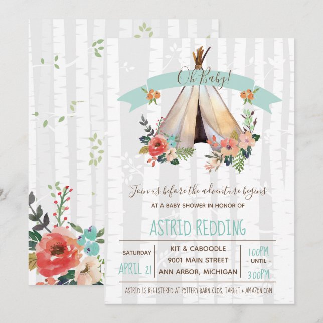 Invitation Rustic Boho Teepee Baby shower neutre entre les se (Devant / Derrière)