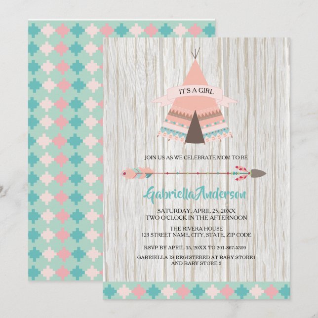 Invitation Rustic Boho Tribal Teepee Girl Baby shower (Devant / Derrière)