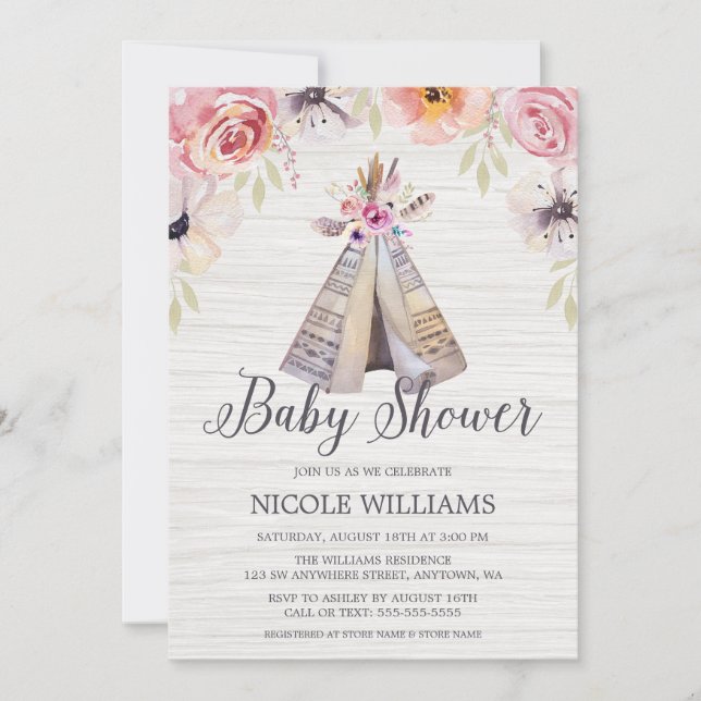 Invitation Rustic Boho Tribal Teepee Girl Baby shower (Devant)
