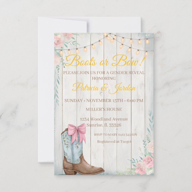 Invitation Rustic Boots or Bows Gender Reveal  (Devant)