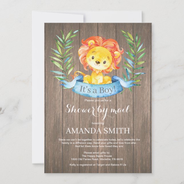 Invitation Rustic Boy Lion Baby shower par courrier (Devant)