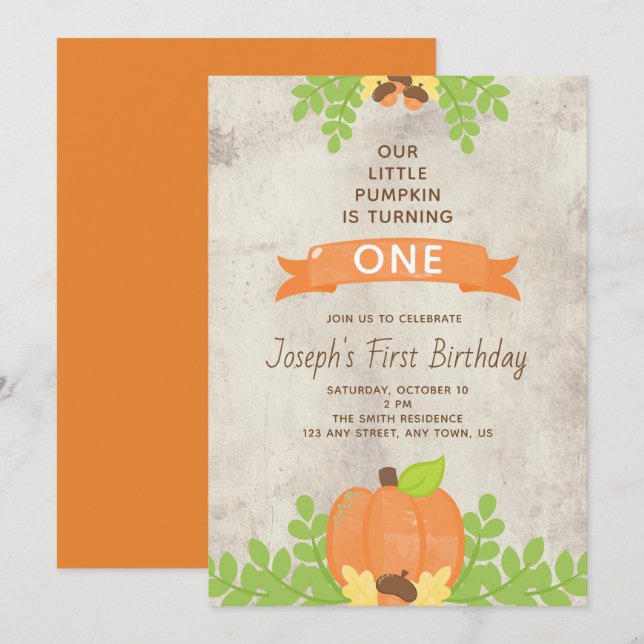 Invitation Rustic Boys Our Little Citrouille Acorns 1er Anniv (Devant / Derrière)