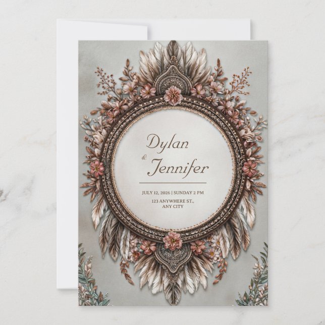 Invitation Rustic Brown Feather Dusty Rose Floral Wedding (Devant)
