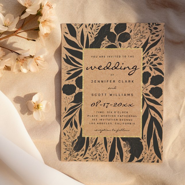 Invitation Rustic brown paper black gold floral wedding (Rustic brown paper black gold floral wedding)