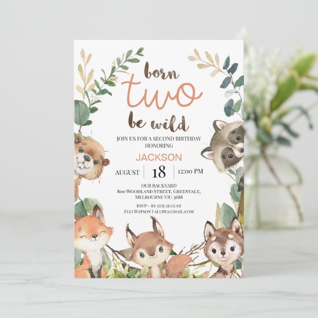 Invitation Rustic Brown Woodland Born Two Be Wild Birthday (Debout devant)