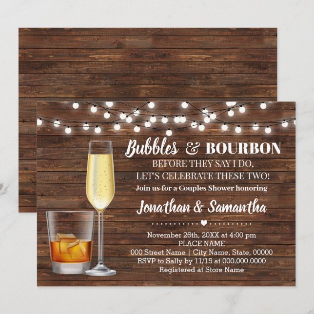 Invitation Rustic Bubbles & bourbon avant de faire la fête de (Devant / Derrière)