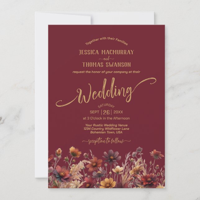 Invitation Rustic Burgundy Boho Wildflowers Elegant Wedding (Devant)