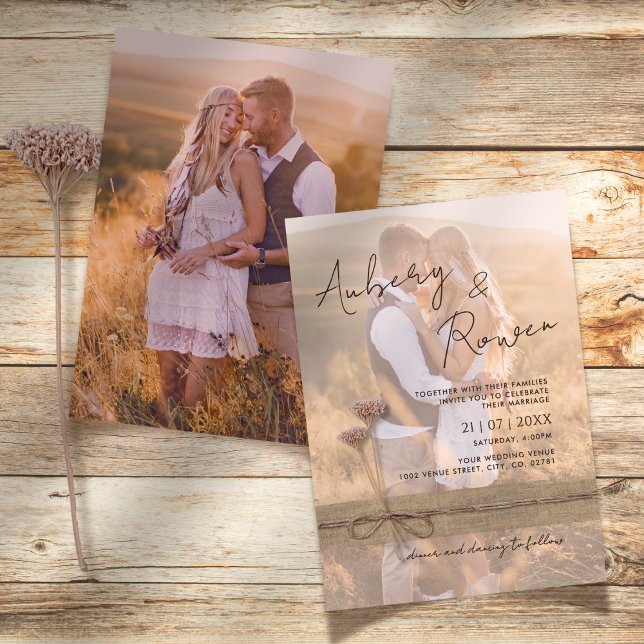 Invitation Rustic Burlap Blush Wildflower Boho Photo Wedding (Créateur téléchargé)