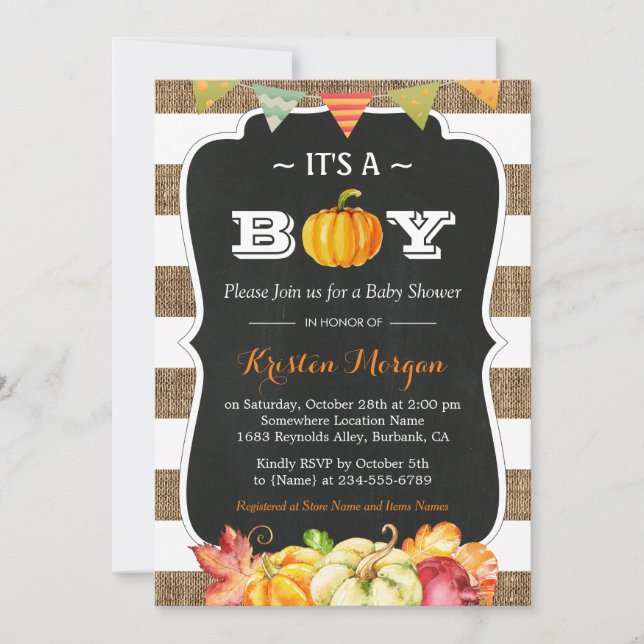 Invitation Rustic Burlap Citrouille C'est un garçon Baby show (Devant)