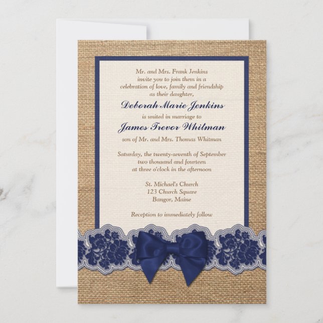Invitation Rustic Burlap, Dentelle IMPRIMÉE, Mariage de Bow I (Devant)