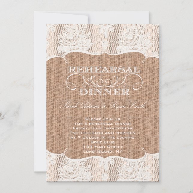 Invitation Rustic Burlap Dîner de répétition d'impression et  (Devant)