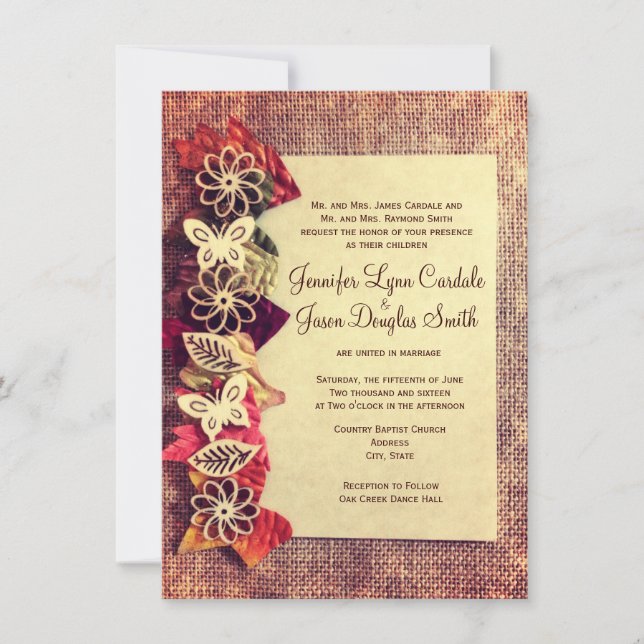 Invitation Rustic Burlap et Feuilles Mariages de automne (Devant)