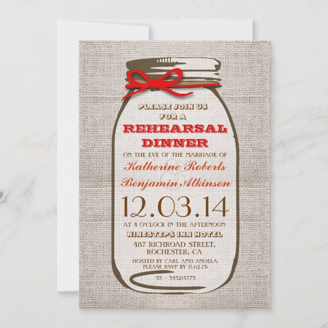Invitation Rustic Burlap Mason Jar Dîner de répétition (Devant)