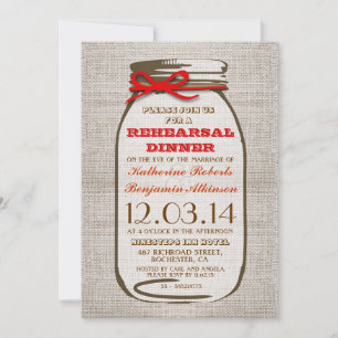 Invitation Rustic Burlap Mason Jar Dîner de répétition