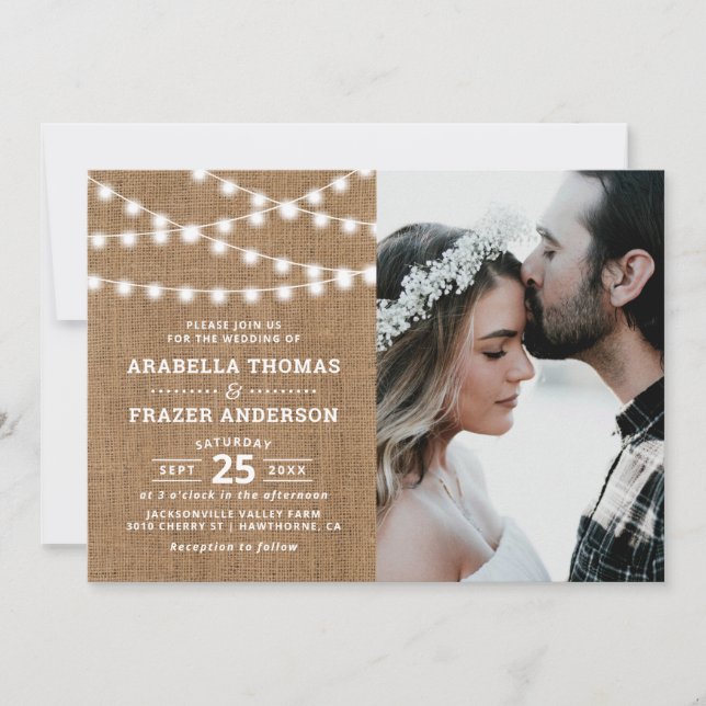 Invitation Rustic Burlap String Lumières Mariage photo (Devant)