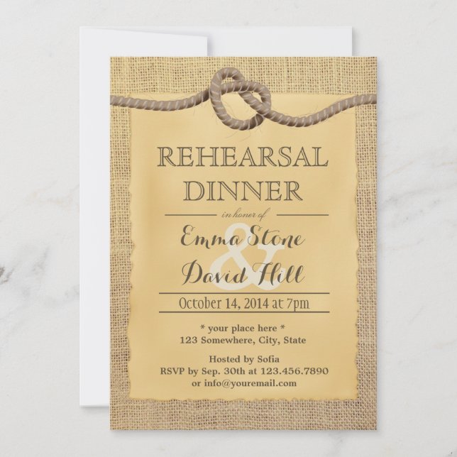 Invitation Rustic Burlap Tying Diner de répétition de noeud (Devant)