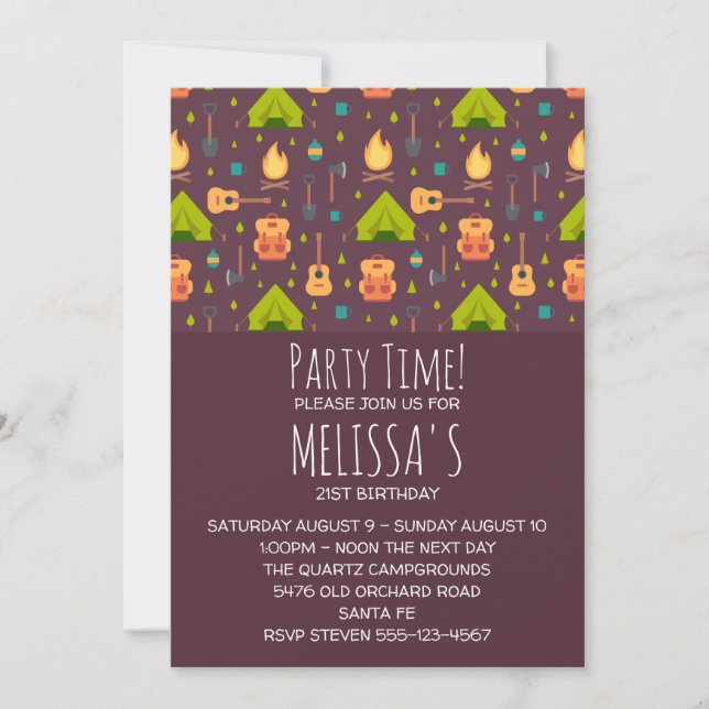 Invitation Rustic Camping Tentes Motifs et Guitares Anniversa (Devant)